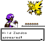 A screenshot from Pokémon Prism. A trainer is encountering a wild Zapdos.