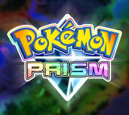 The logo of Pokémon Prism on a stylised rainbow background featuring the Naljo region.