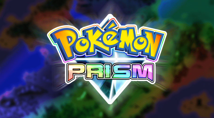 The logo of Pokémon Prism on a stylised rainbow background featuring the Naljo region.
