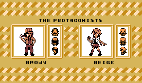 An image showing the new designs for Pokémon Brown, with their character portraits and overworld sprites. To the left, the male character Brown and to the right, the femal character Beige.