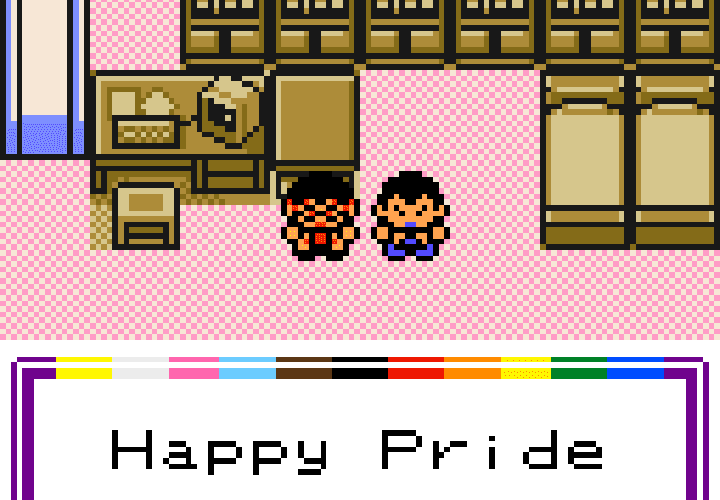 Professor Hector Ilk and his husband Phillip, characters from Pokémon Prism, standing in the lab in Caper Ridge. A rainbow-coloured text box below them reads "Happy Pride Month!"
