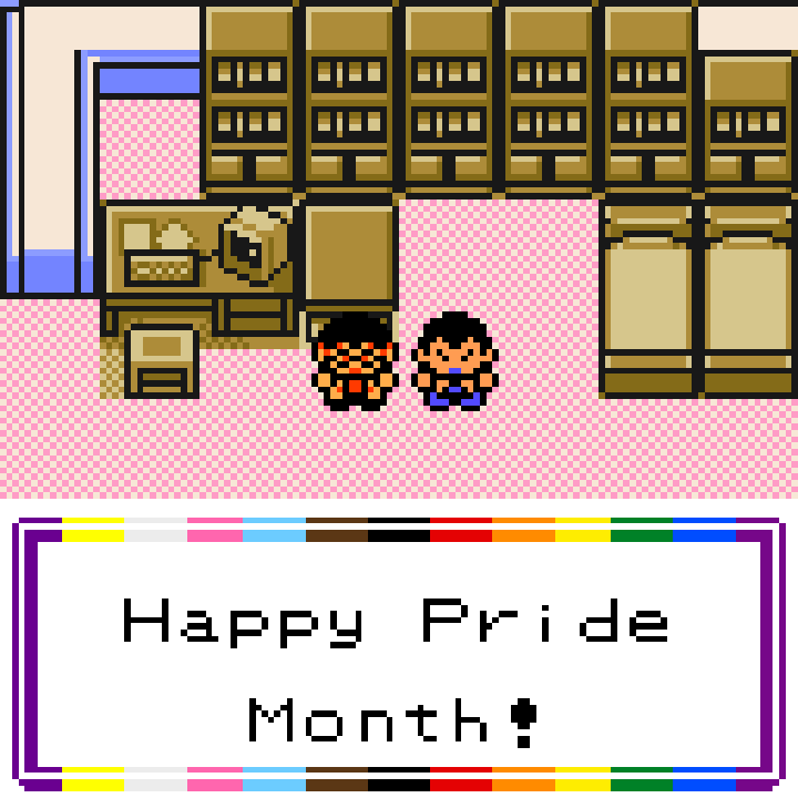 Professor Hector Ilk and his husband Phillip, characters from Pokémon Prism, standing in the lab in Caper Ridge. A rainbow-coloured text box below them reads "Happy Pride Month!"