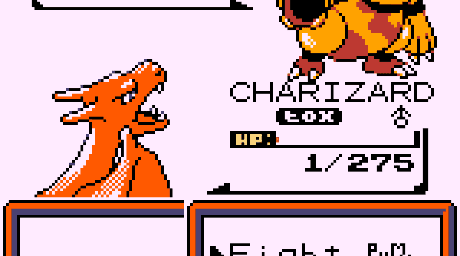 A screenshot from an upcoming version of Pokémon Brown. It shows the battle screen. A Charizard on our side is facing off against a Magmortar on the other. The Magmortar has full HP, while the Charizard is on 1HP and is badly poisoned.