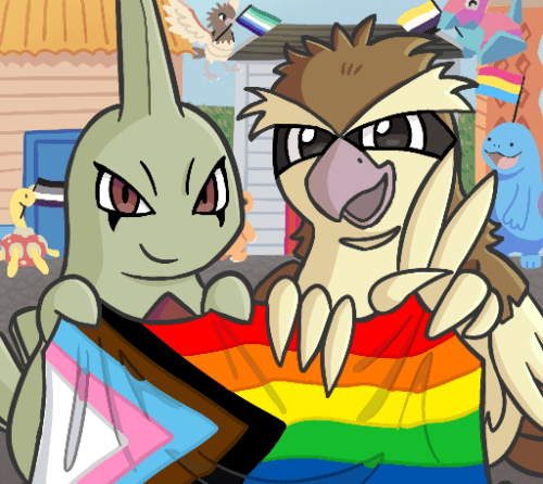 A Larvitar (left) and a Pidgey (right) are holding a Progress Pride flag up to the camera while smiling. Pidgey is doing a peace sign with their left wing. In the background, various other Pokémon celebrate by waving different Pride flags.