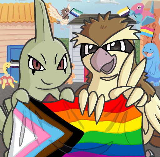 A Larvitar (left) and a Pidgey (right) are holding a Progress Pride flag up to the camera while smiling. Pidgey is doing a peace sign with their left wing. In the background, various other Pokémon celebrate by waving different Pride flags.