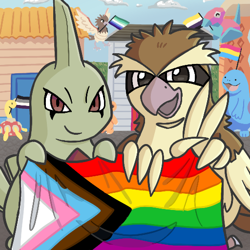A Larvitar (left) and a Pidgey (right) are holding a Progress Pride flag up to the camera while smiling. Pidgey is doing a peace sign with their left wing. In the background, various other Pokémon celebrate by waving different Pride flags.