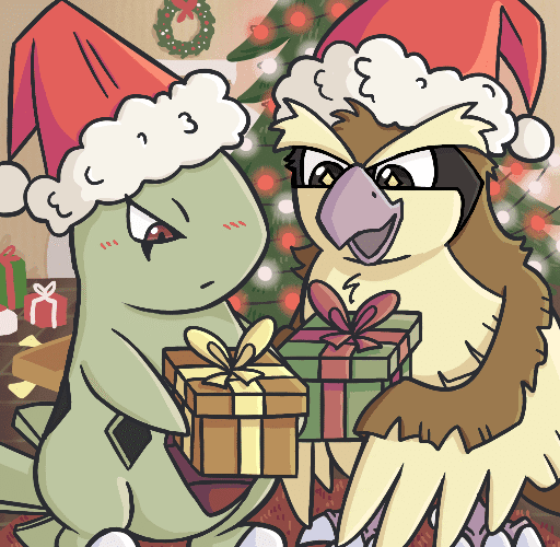A Larvitar and a Pidgey dressed in Santa hats exchanging gifts with a Christmas tree in the background.