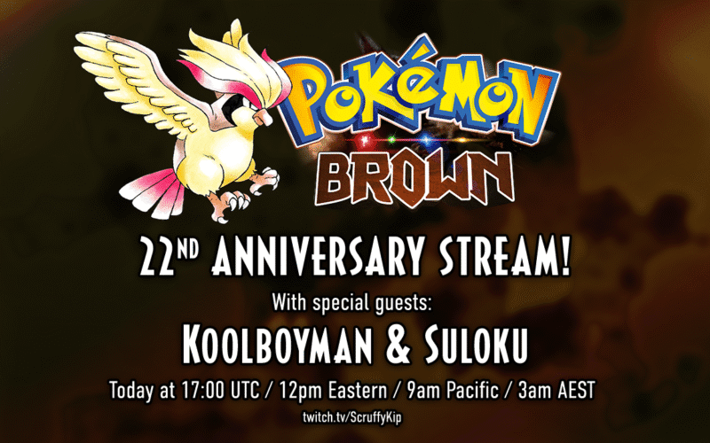 An image promoting the 22nd anniversary stream of Pokémon Brown. It features a Pidgeot and the logo.