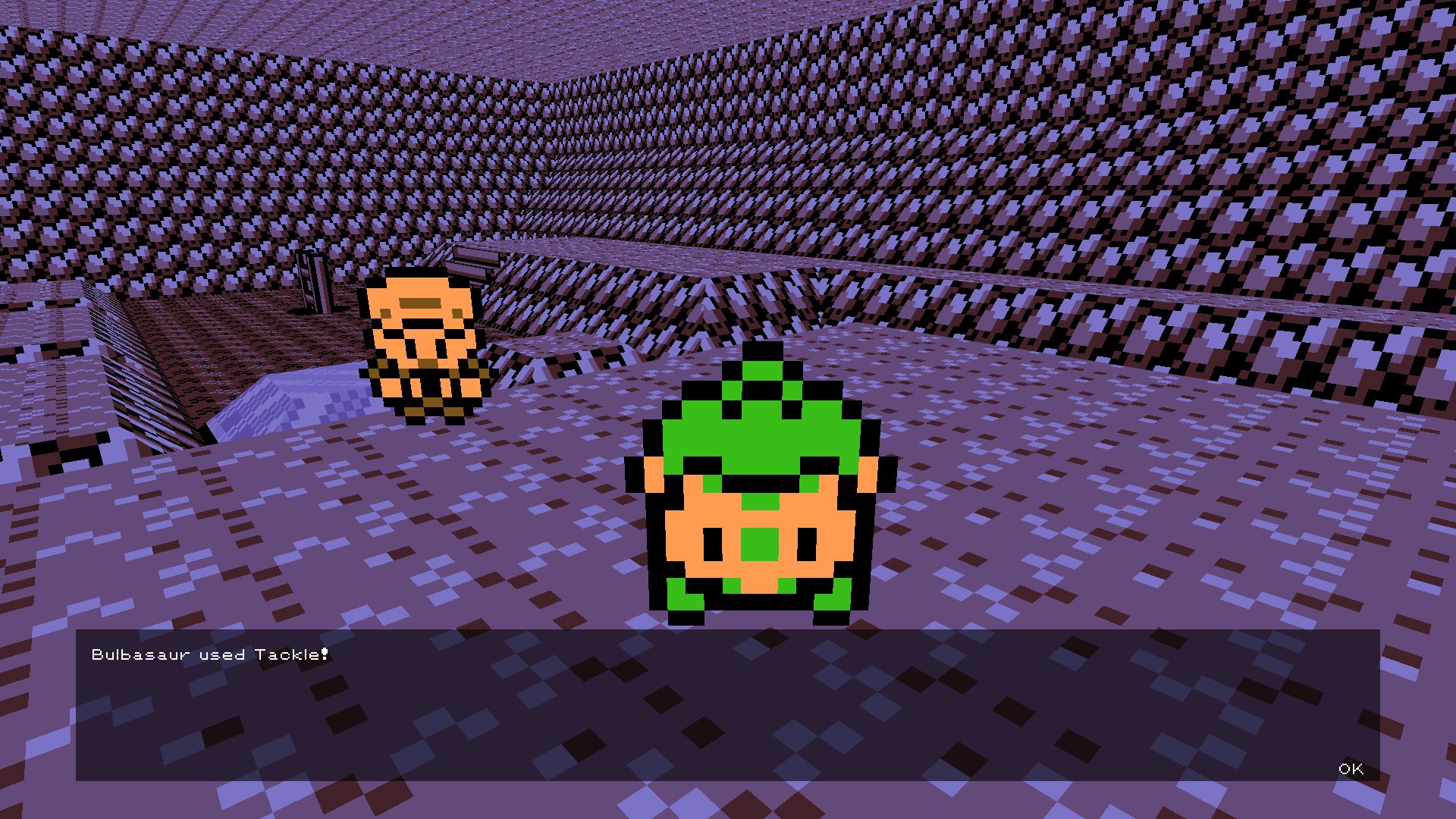 A screenshot from Pokémon Brown 3D in Merson Cave, showcasing a battle in the overworld map with Bulbasaur using Tackle.