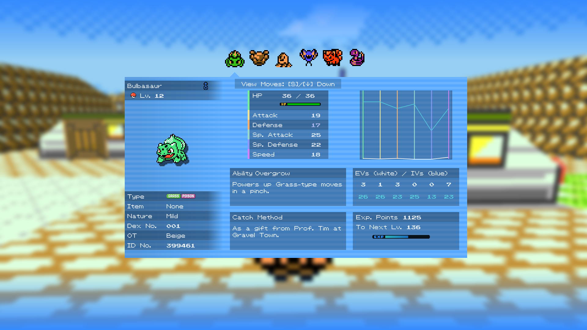 A screenshot from Pokémon Brown 3D showcasing a sophisticated and detailed Pokémon stats screen.