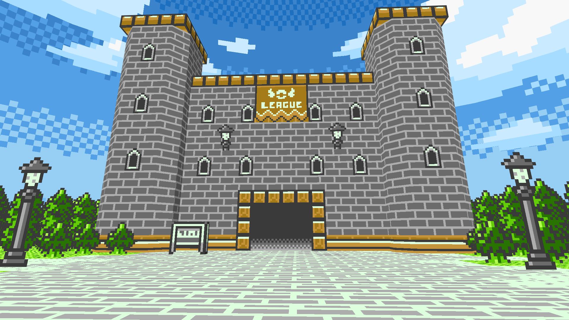 A screenshot from Pokémon Brown 3D showcasing the Rijon League castle.