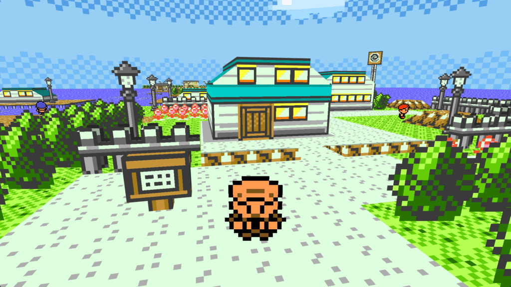 A screenshot of Pokémon Brown 3D, showing the player character standing facing the camera with Seashore City in the background.