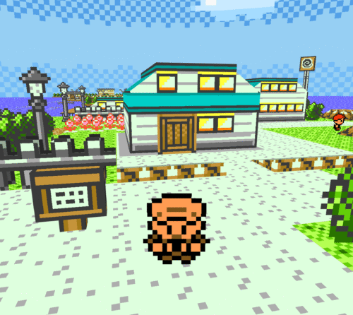 A screenshot of Pokémon Brown 3D, showing the player character standing facing the camera with Seashore City in the background.