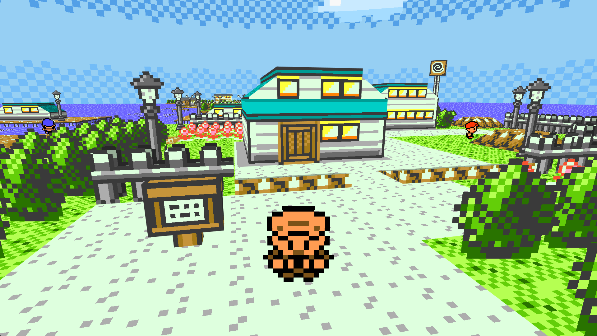 A screenshot of Pokémon Brown 3D, showing the player character standing facing the camera with Seashore City in the background.