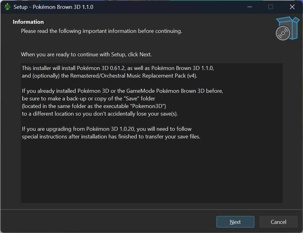 A screenshot of the Pokémon Brown 3D installer program.